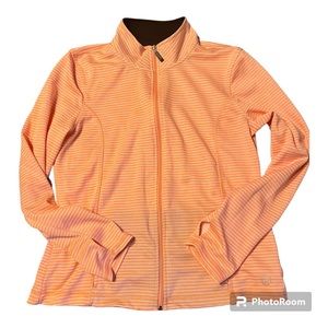 “Be Inspired” orange/white ladies full zip jacket w/thumb holes & pockets size L